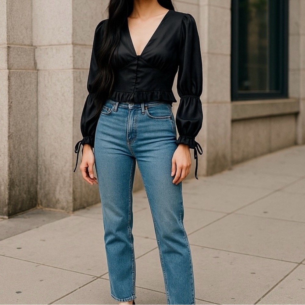 Wayf Elegant Black Chic satin Blouse Button front and many accents